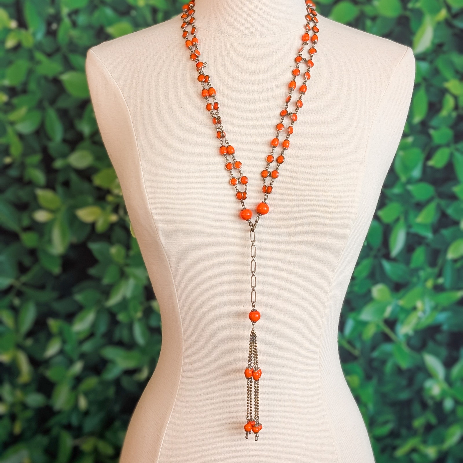 Antique Art Deco Long Necklace Tassel Lavalier Orange Glass Layered 1920s Beads