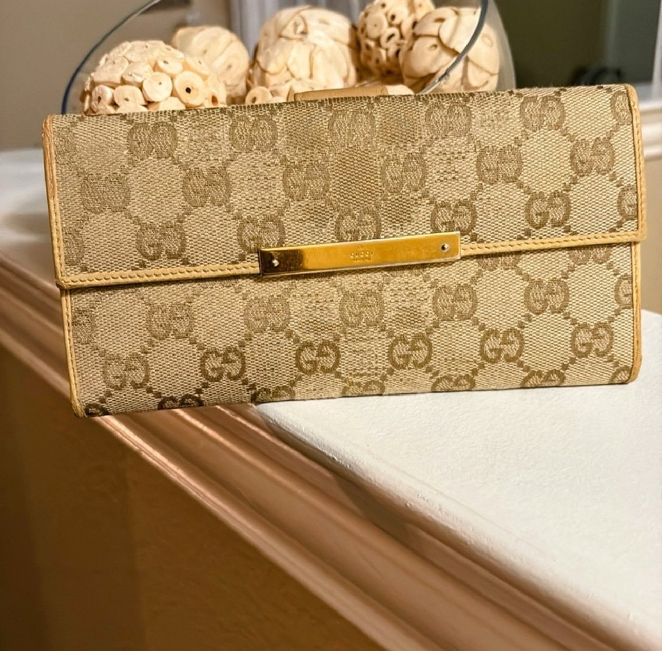 Gucci Mustard Yellow Light Beige Leather Canvas Long Wallet