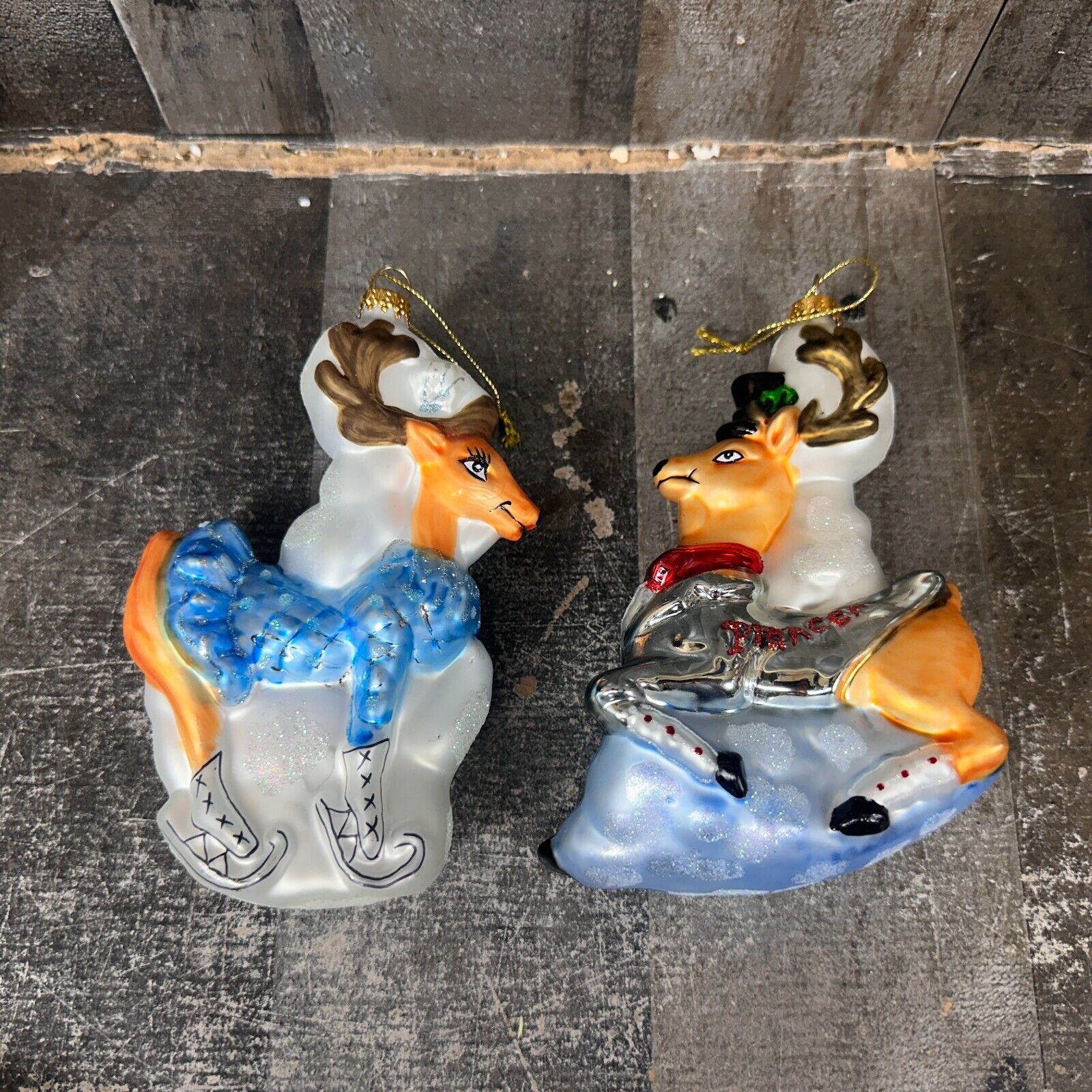 CVS 2010 Dancer Prancer Santas Reindeer Hand Crafted Glass Ornament