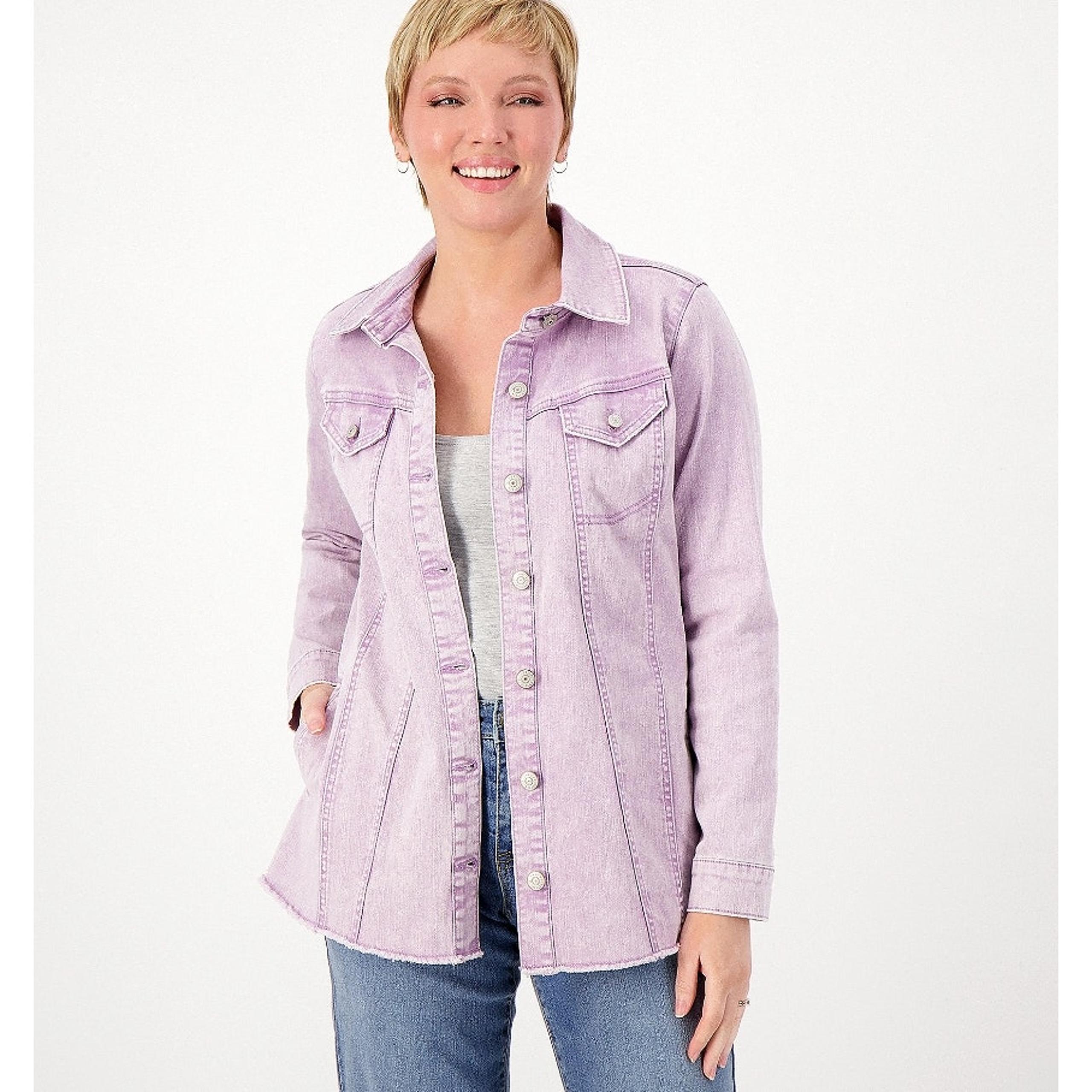 LOGO by Lori Goldstein Jeans Jacket Womens Size 32W Purple Color with Frayed Hem