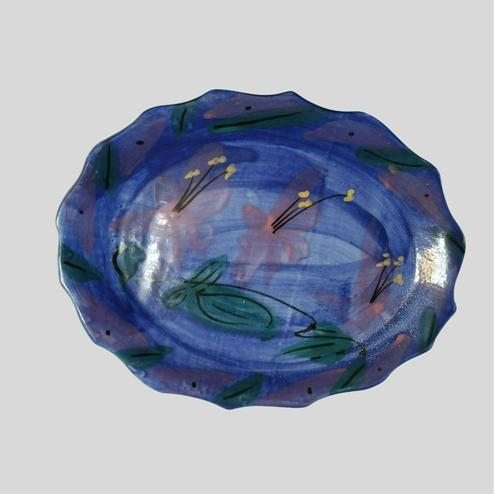 Hand-Painted Ceramic Oval Platter Signed Art Studio Pottery 14x10 Blue Waterlily