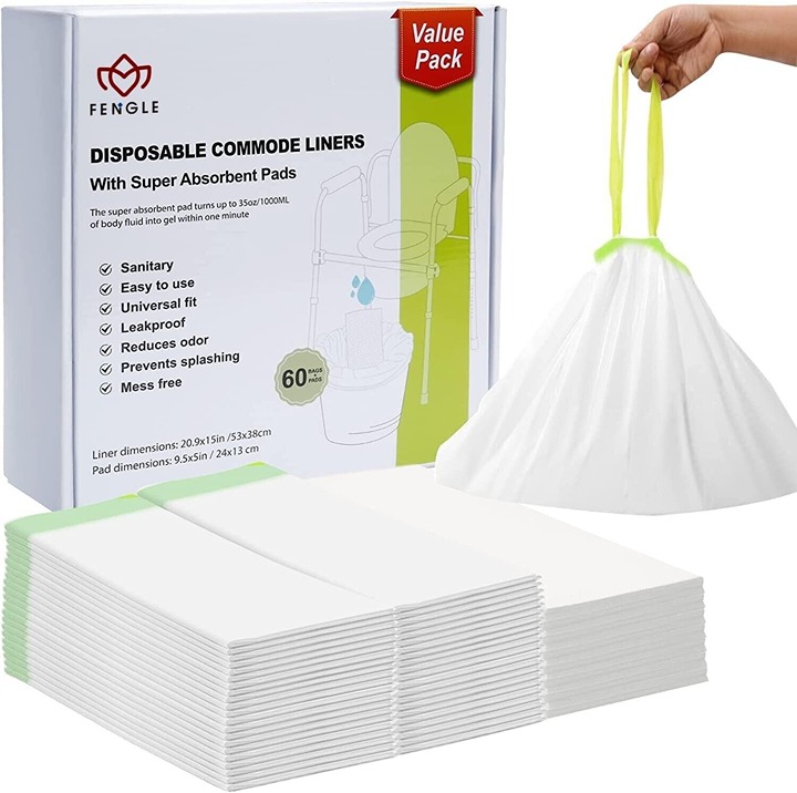 60 Pack Commode Liners with Absorbent Pads - Portable Toilet Bags for Bedside.