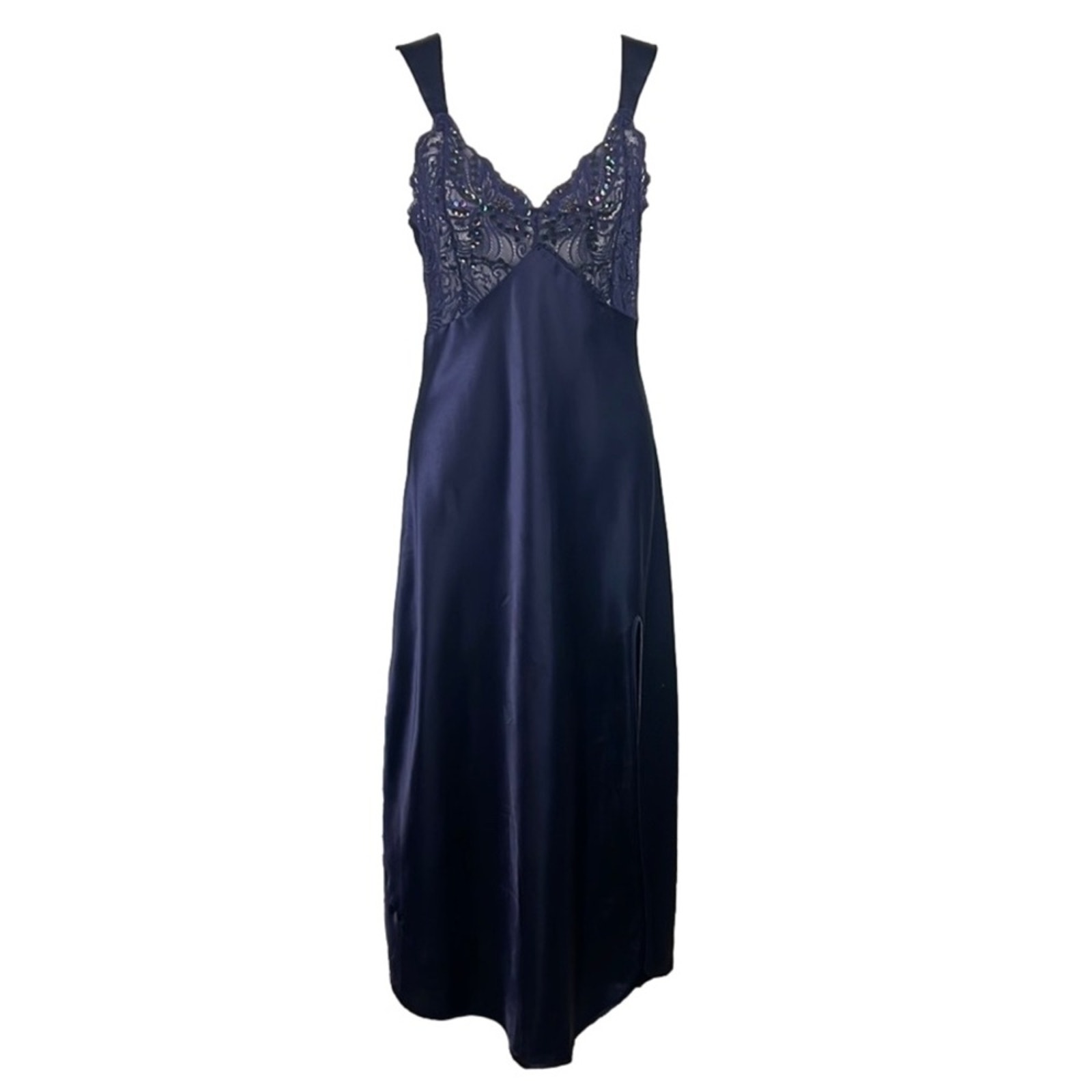 Vintage Y2K Victoria's Secret Satin Lace Slip Dress Navy Blue Sequin Fairycore