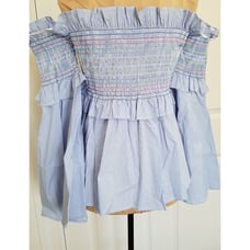 AQUA Brand Womens Tunic Top, Blue&White Stripe, Bell Sleeves Off The Shoulder S