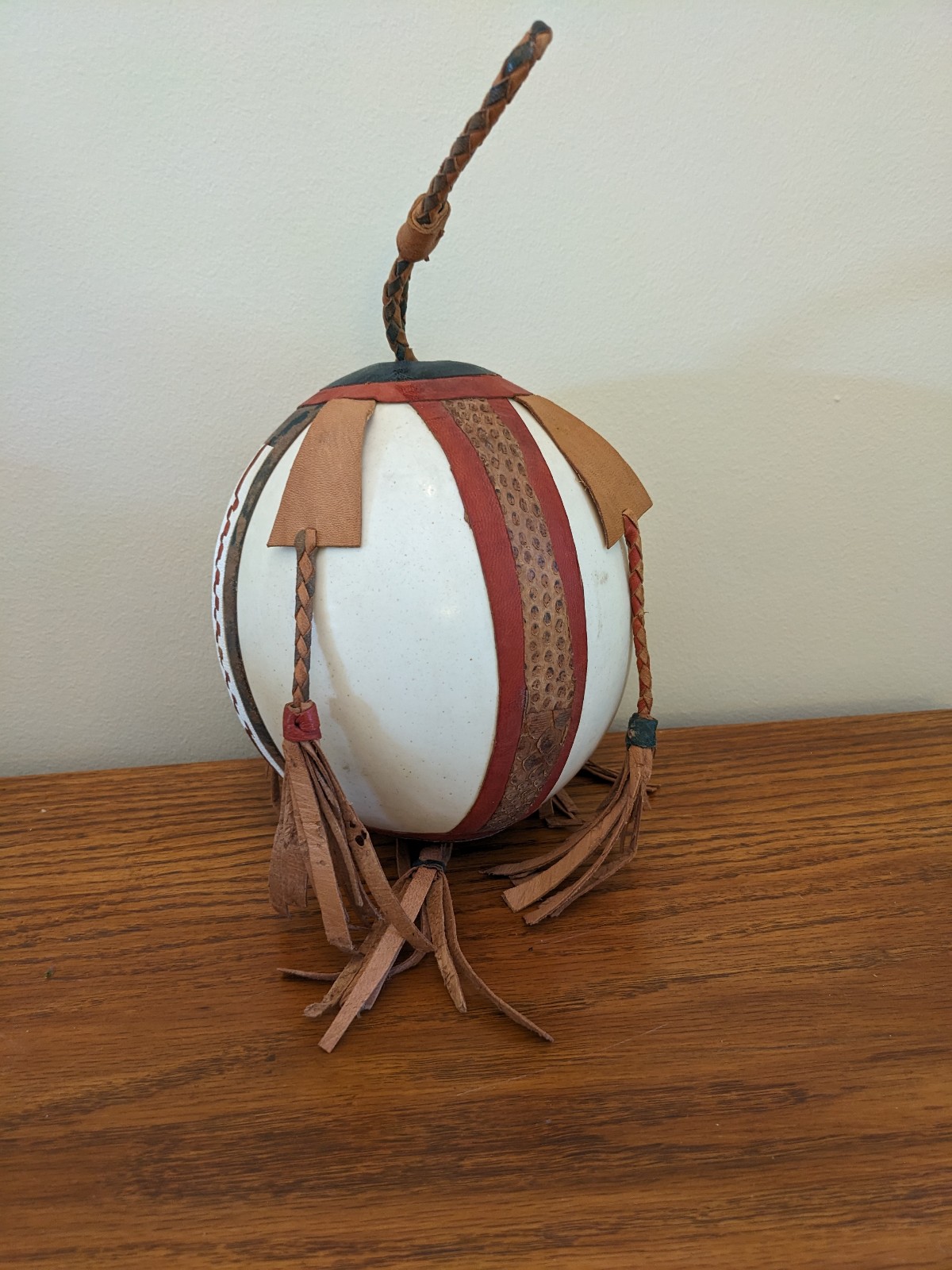 Vintage Nigerian Leather Decorated Ostrich Egg