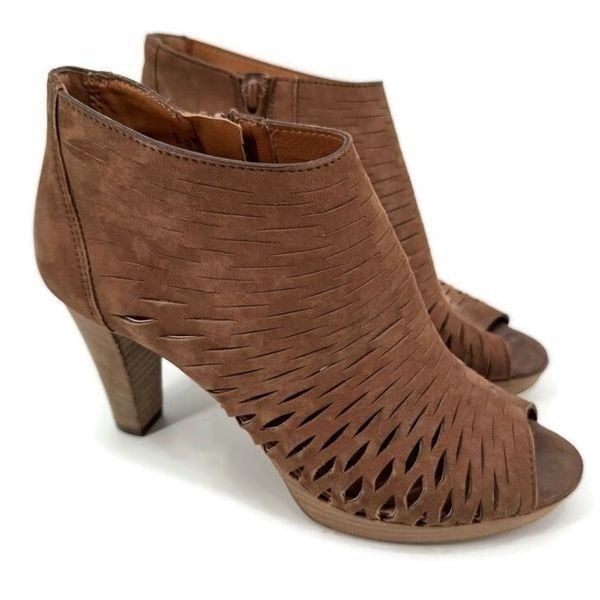 Paul Green Tacey Brown Leather Peep Toe Open Toe Ankle Boots Size US 7.5