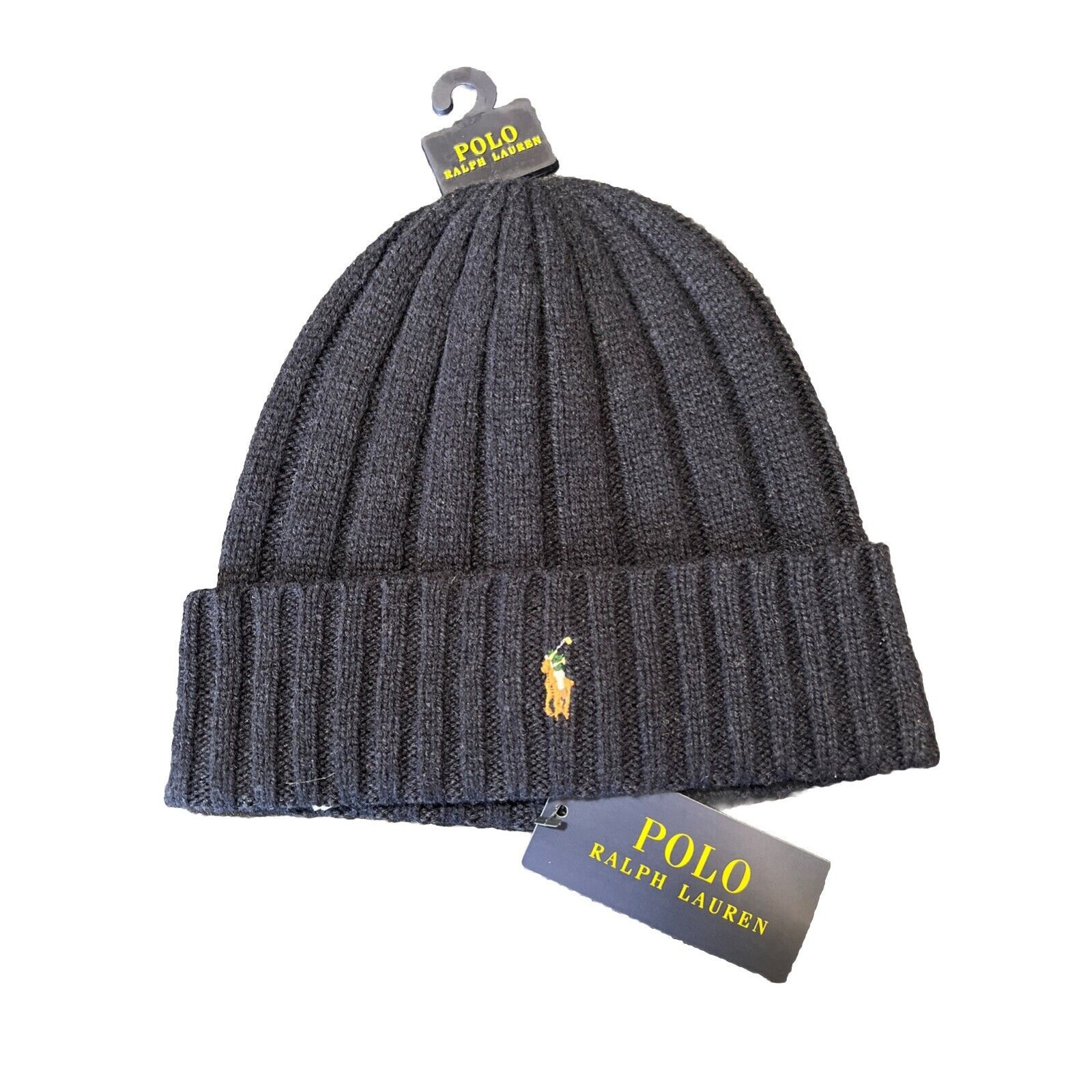 Polo Ralph Lauren Beanie Black Flesh Pony Wool Blend Rib Knit Cuff Scull Cap NEW