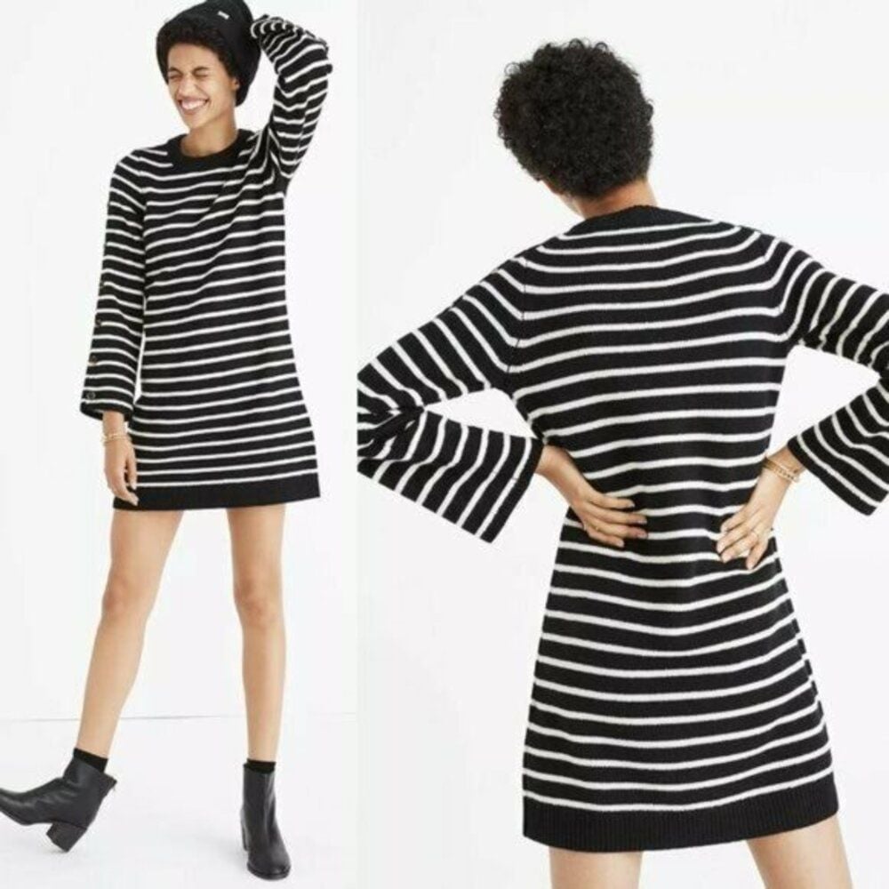 Madewell Black Merino Wool Striped Sweater Dress Long Sleeve Scoop neck Women L