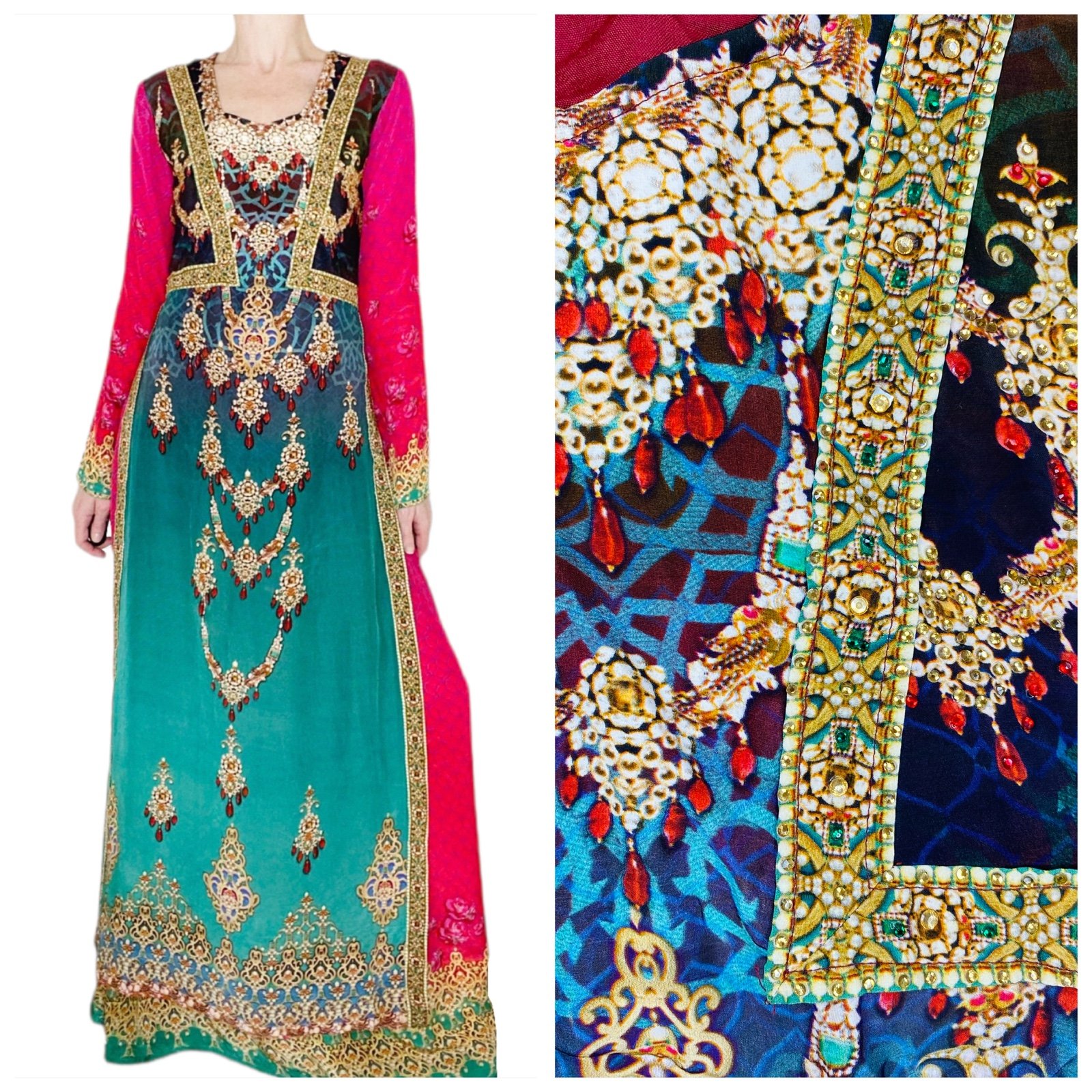 Kalista Green & Pink Beaded Jewel India Maxi Layered Dress