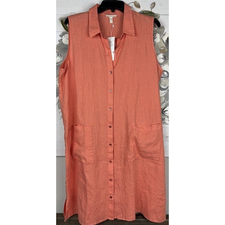 NWT Eileen Fisher GUAVA Organic Linen Classic Collar Shirt Dress Size L