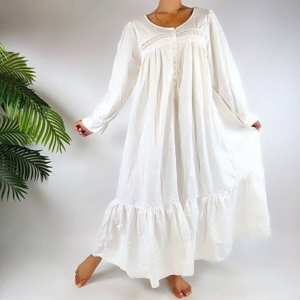Vintage 90s Victoria's Secret Cottagecore White Prairie Peasant Nightgown /Sz: L