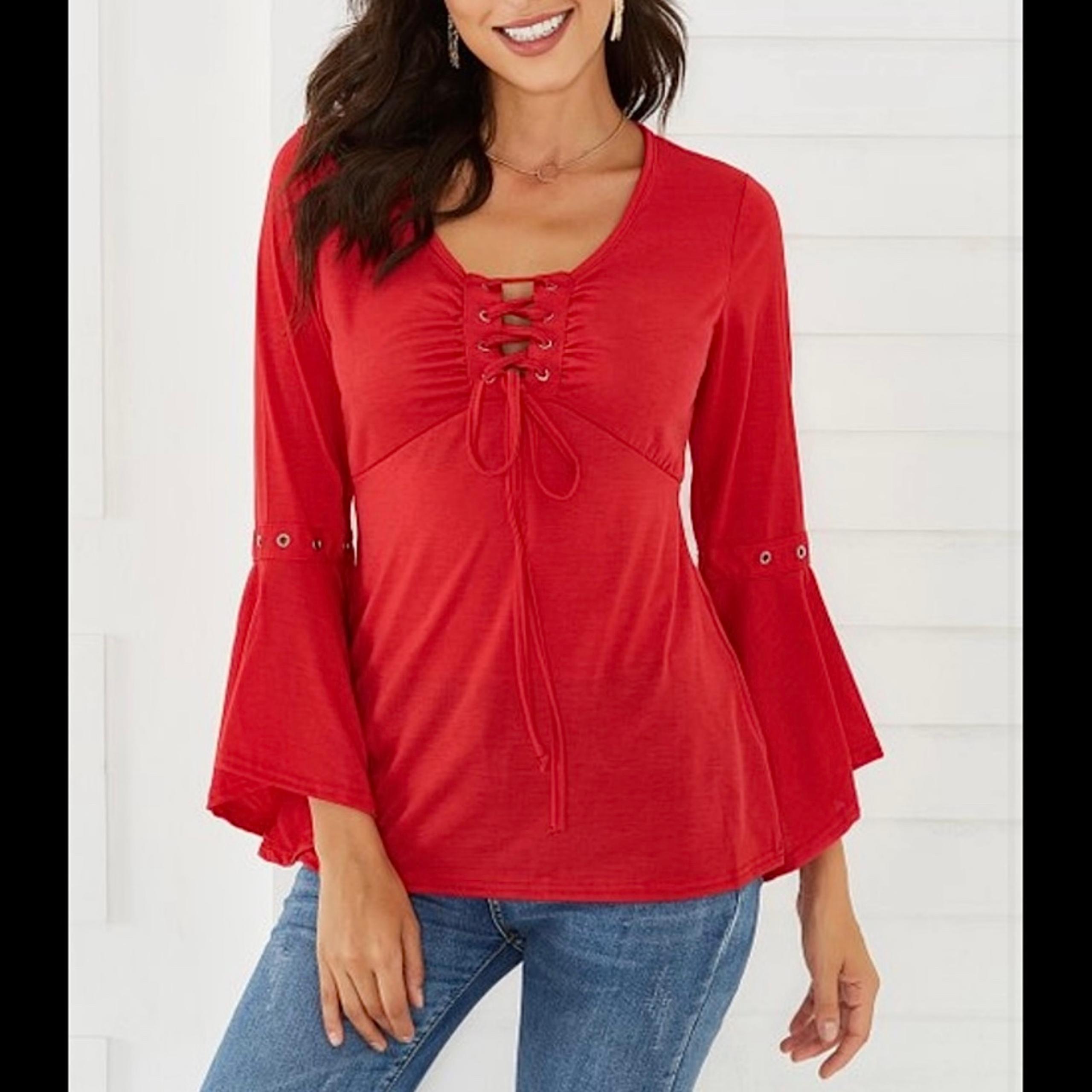 Venus Red Lace-Up Grommet Bell Sleeve Tunic Blouse Peasant Boho Top Size Medium