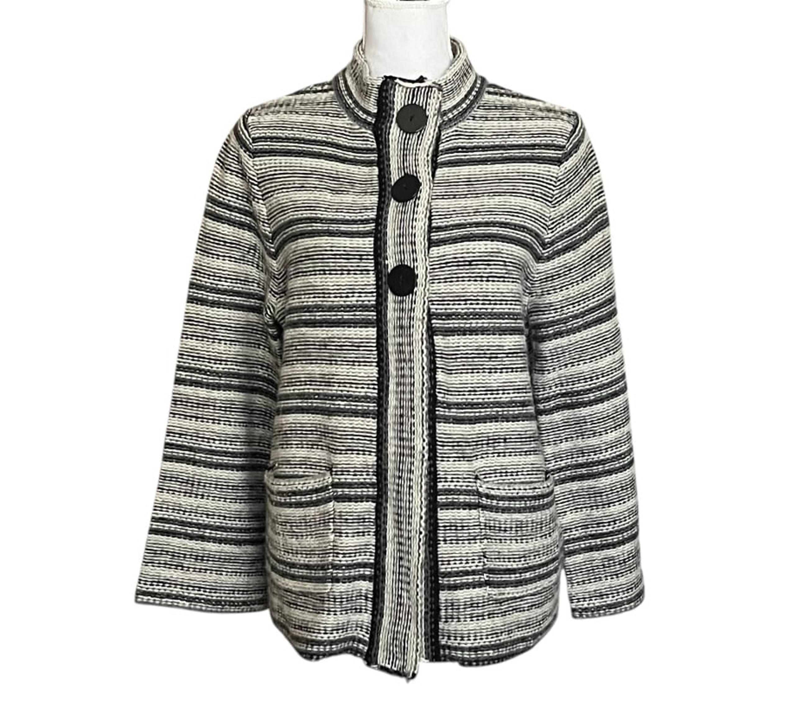 Charter Club Sz L Black & White Striped Wool Blend Cardigan Sweater Pockets Cozy