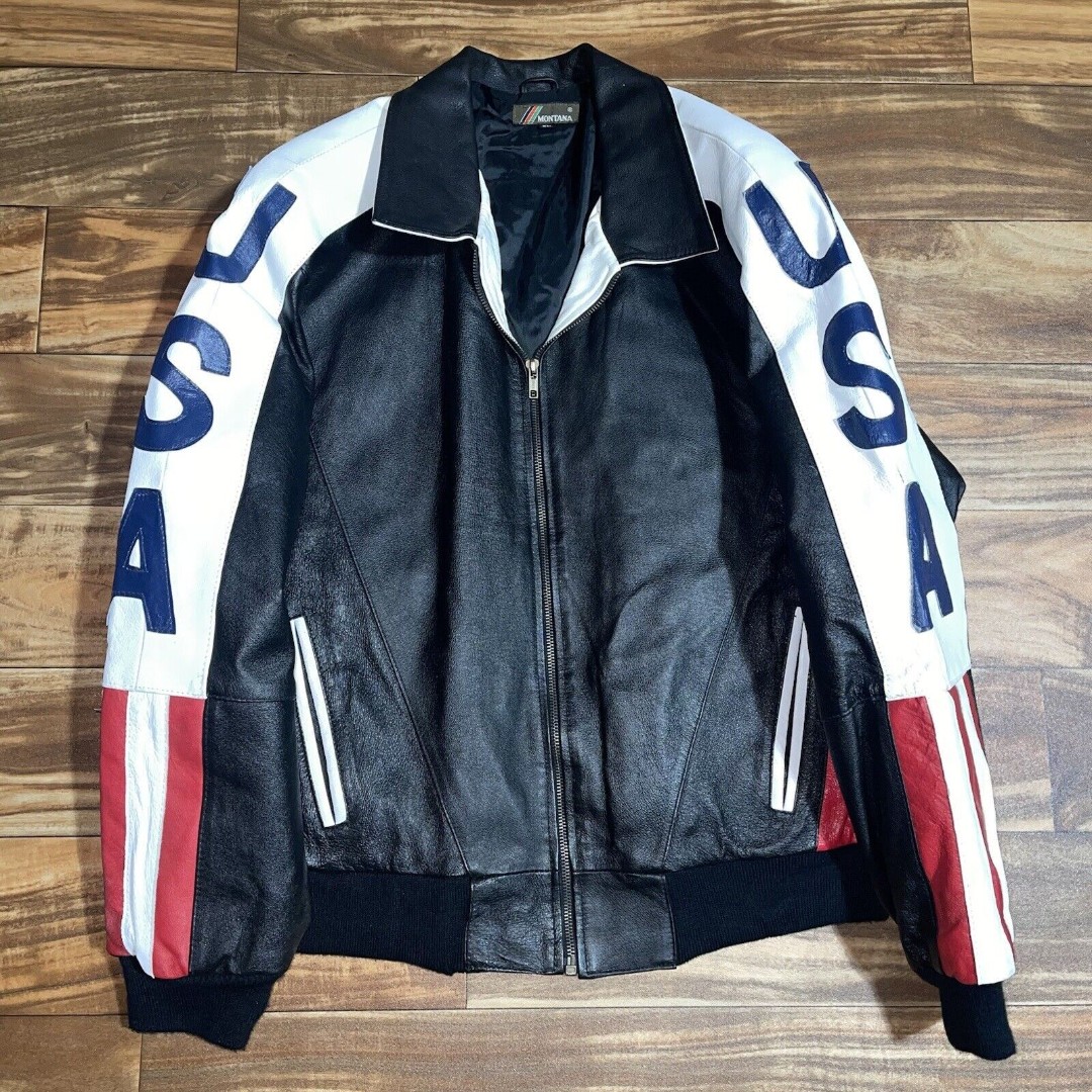 Vintage USA American Flag Patriotic Leather Jacket Mens Size XL