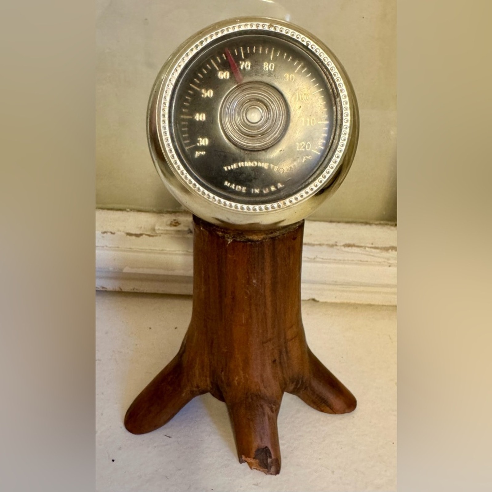 Antique Gold Round Ball Thermometer Thermostat Wood Tree Trunk Base Cabin USA