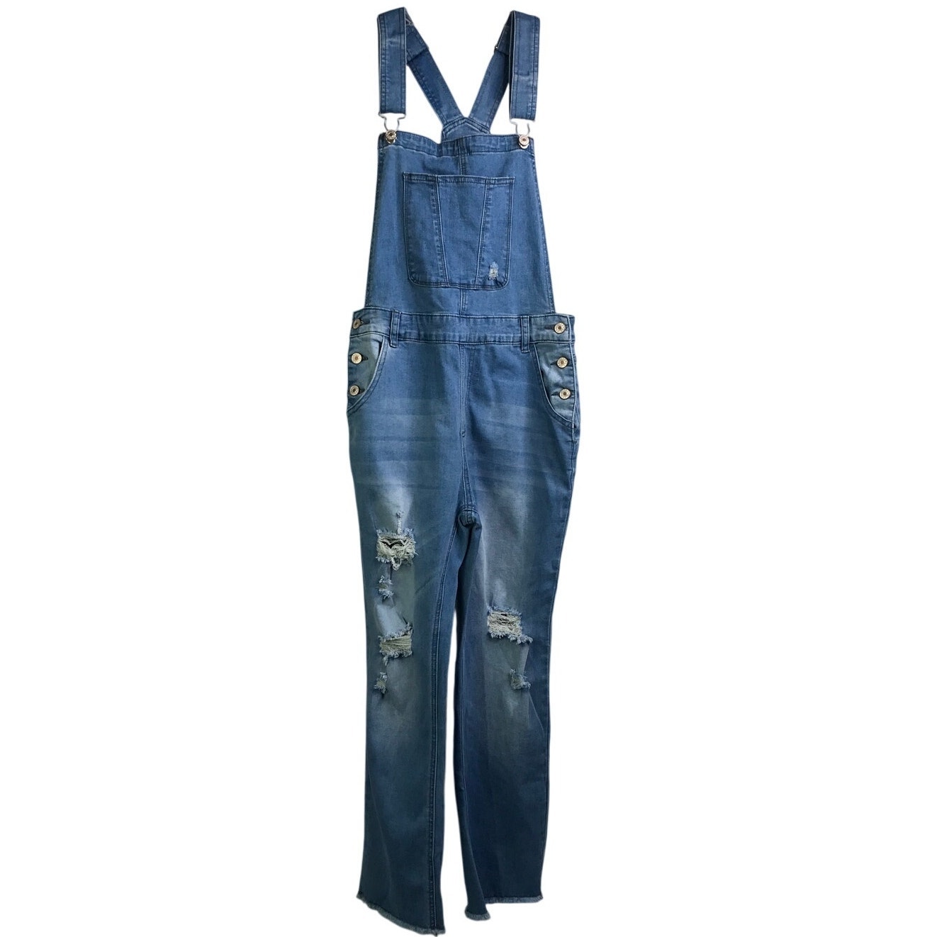 Womens Overall Size Medium Blue Distressed Denim Snap Shoulder & Waist