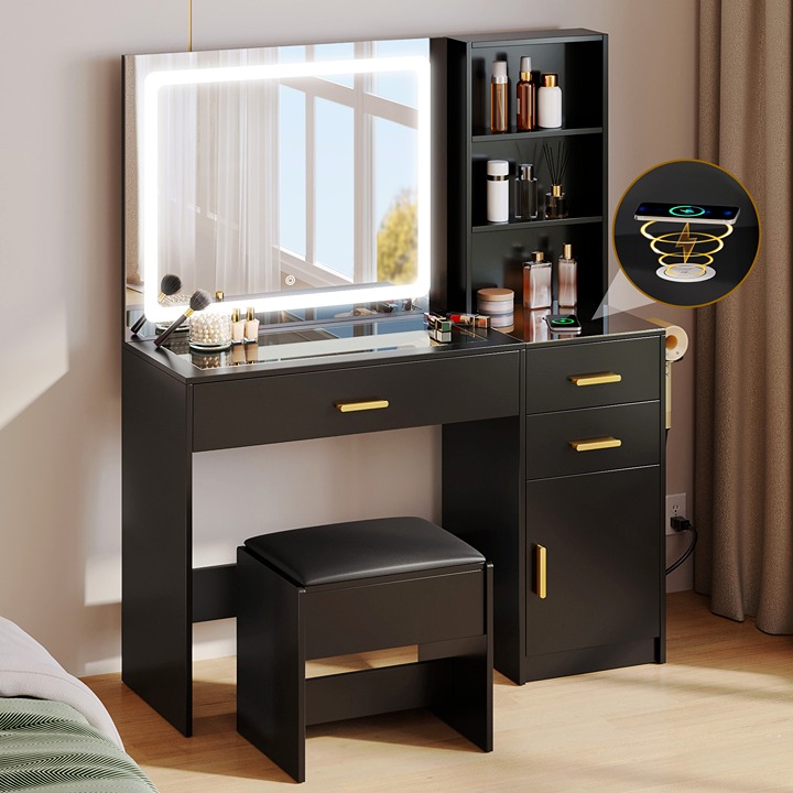 Small Spaces Vanity Table with Led Lights & Storage Stool Desk Table w /3 Drawer