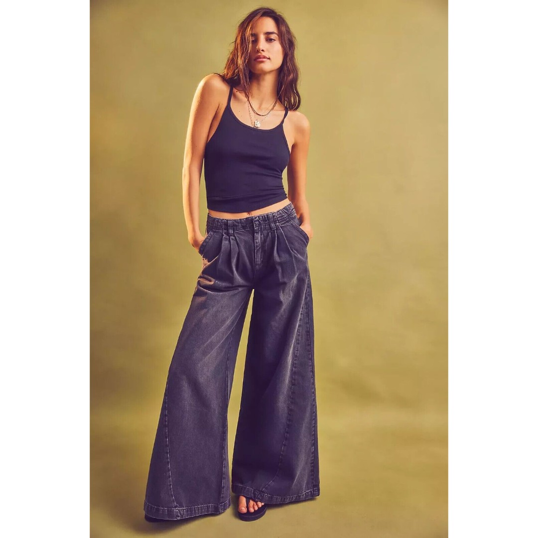 Free People We The Free Equinox Denim Trouser Jeans 26 Black Gray Wide Leg Boho
