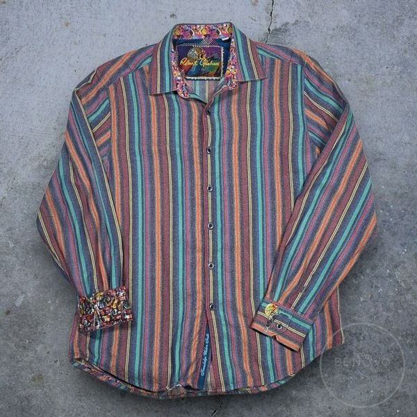 Robert Graham Men Stripes Abstract Knowledge Wisdom Truth Button-Up Shirt Large