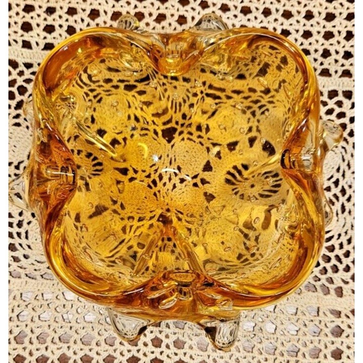 MCM Murano Style Art Glass Bullicante Controlled Bubbles Amber Gold