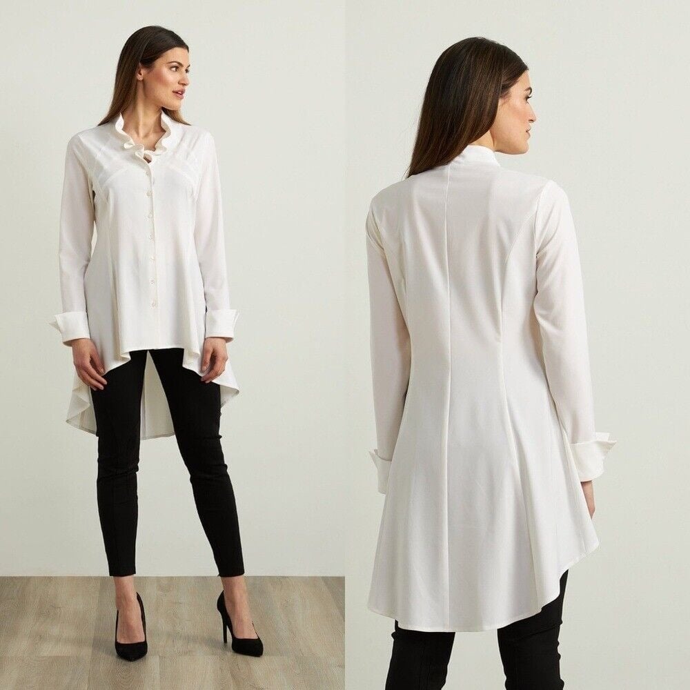 Joseph Ribkoff Women's White Button Down Shirt with Ruffle Collar Size 12