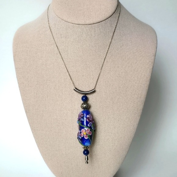 Blue Lampwork Blown Glass Floral Pendant 925 Bale 16 Inch Sterling Silver Chain