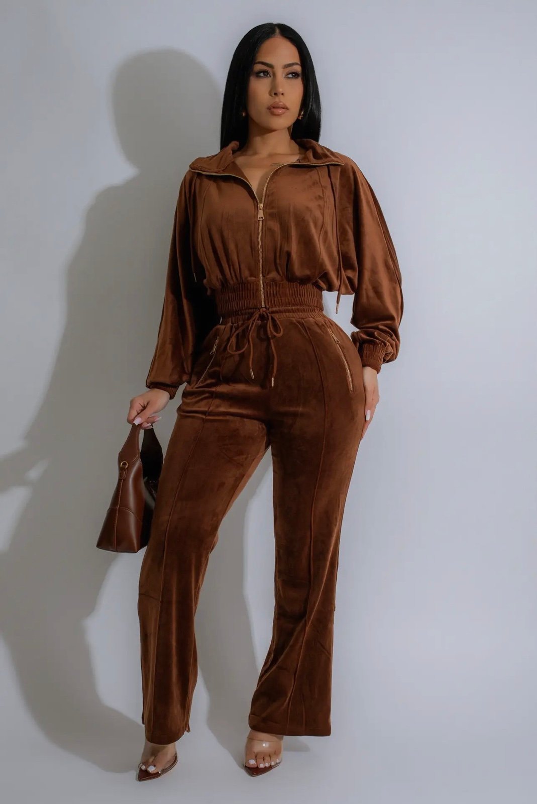 Medium/Small/Large chic brown velour two-piece set