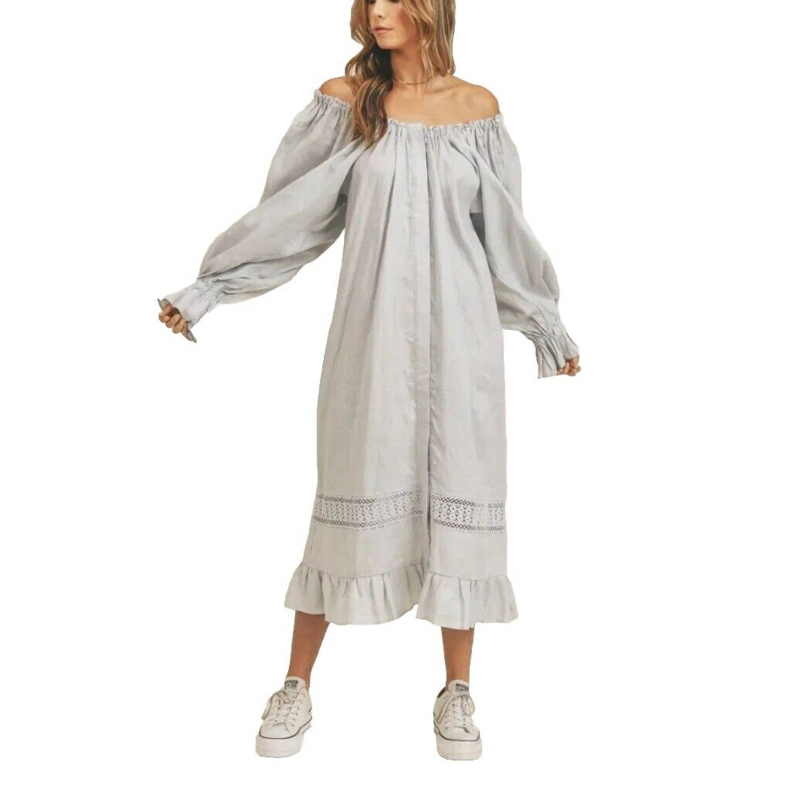 MABLE ARACELI LONG SLEEVE MAXI DRESS S M Small Medium Dusty Blue LINEN