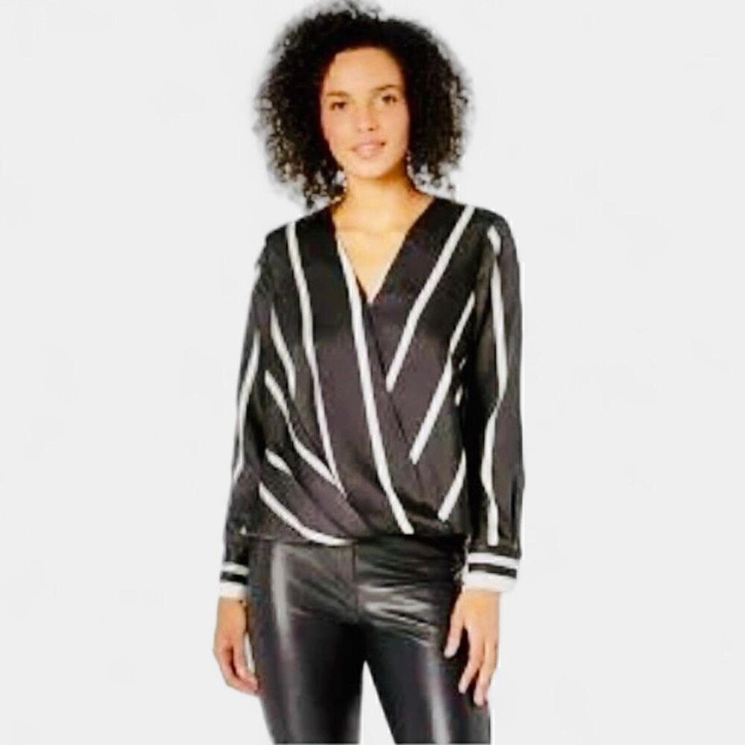 Vince CamutoWomens Surplice Faux Wrap Long Sleeve Blouse Black and WhiteStrip