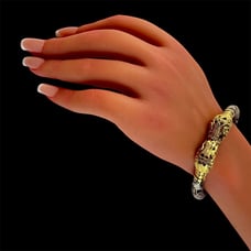 Black & Gold Chinese Cloisonne Bangle Bracelet w Double Serpent Reptile Heads