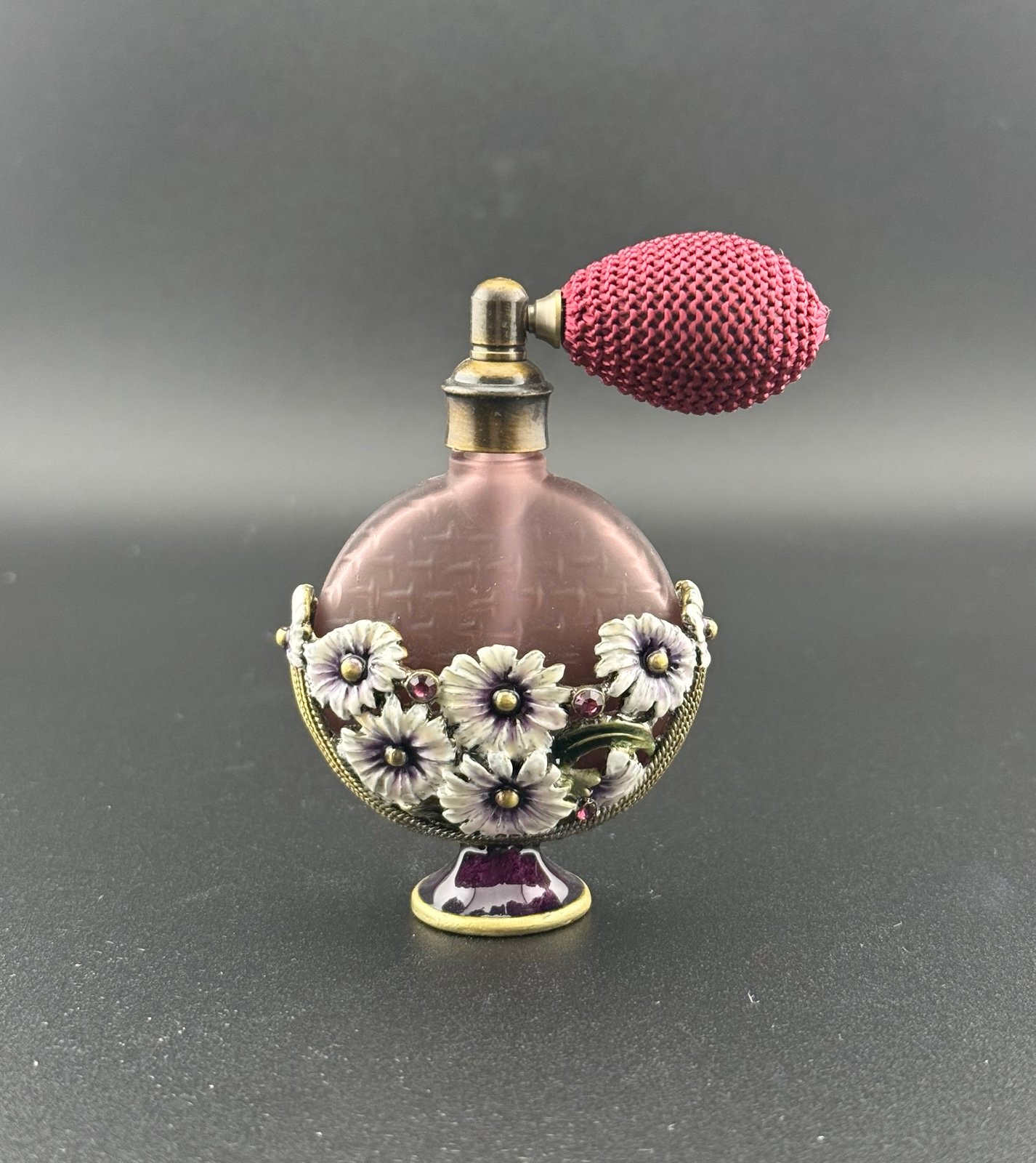 Vintage Floral Mini Perfume Bottle With Atomizer Bulb Frosted Glass 3”