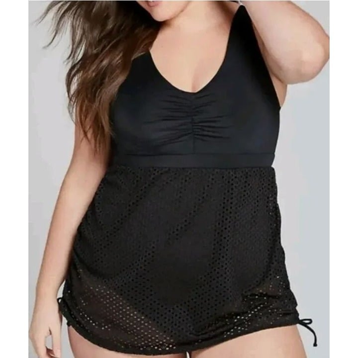SWIM BY CACIQUE Size 24 Black Crochet NO-WIRE One-Piece Swim Dress Swimsuit