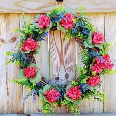 HAND CRAFTED RED GERANIUMS LAVENDER GREENERY FLORAL GRAPEVINE WREATH 20 DECOR