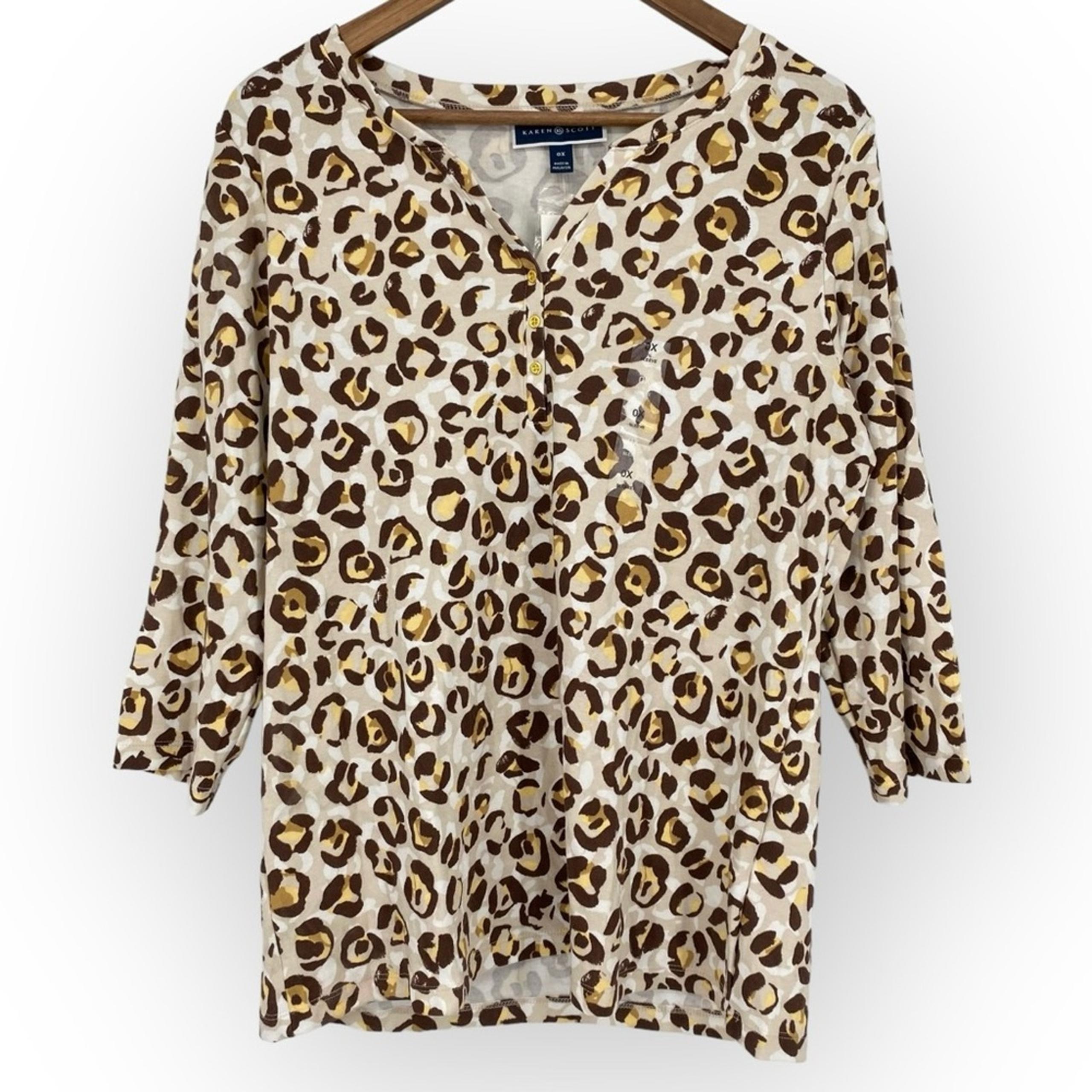 KAREN SCOTT NWT Printed Quarter Button T Shirt Brown Cream Plus Size 0X Casual