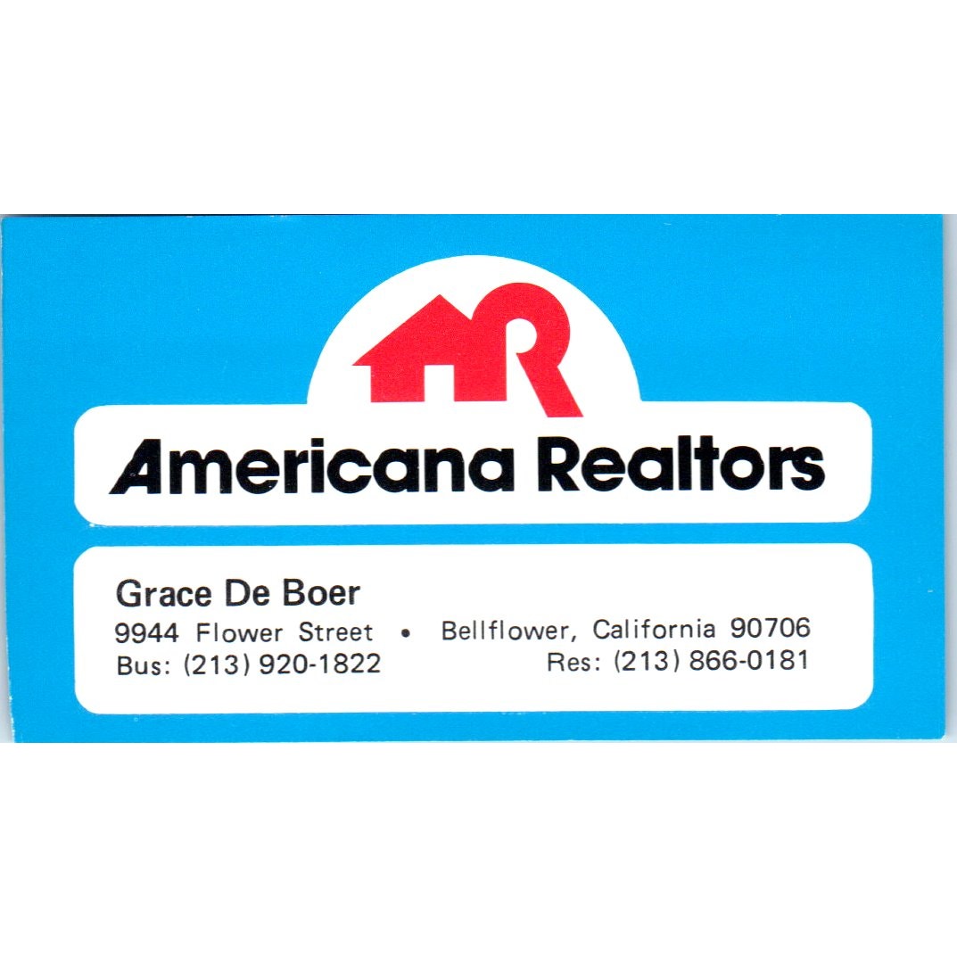 Grace De Boer Americana Realtors Bellflower CA Vintage Business Card SD8-B2