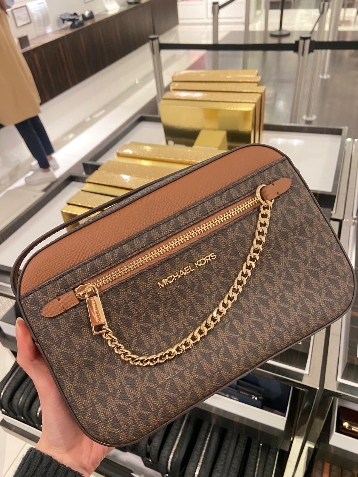 Michael Kors Jet Set Charm Pocket Large EW MK PVC brown Crossbody Purse