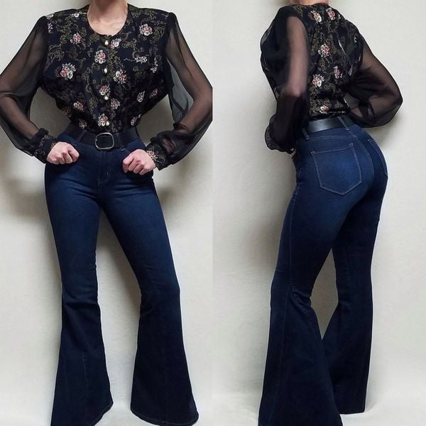 Vintage 70s Tina Barrie Sheer Black Sheer Poet Sleeve Floral Wide Shoulder Top