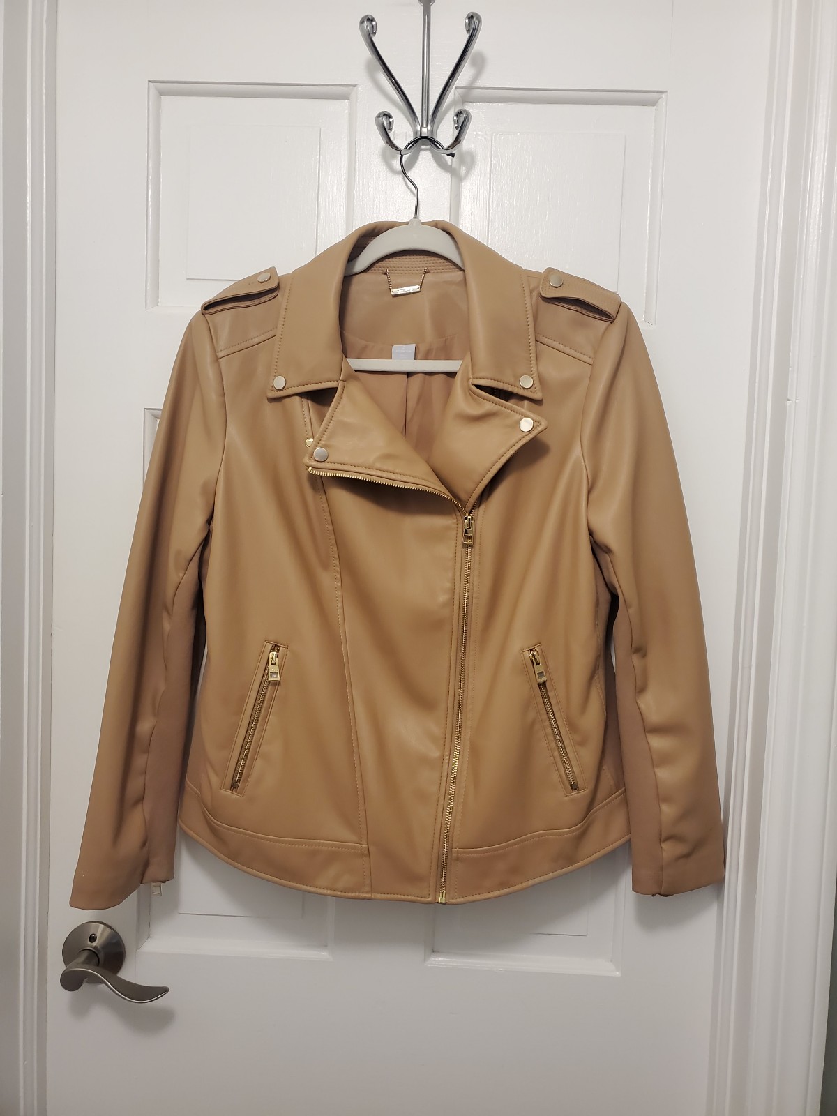 Chico's Beige Faux Leather Motostyle Jacket, Size 2=12/14 w/goldtone hardware
