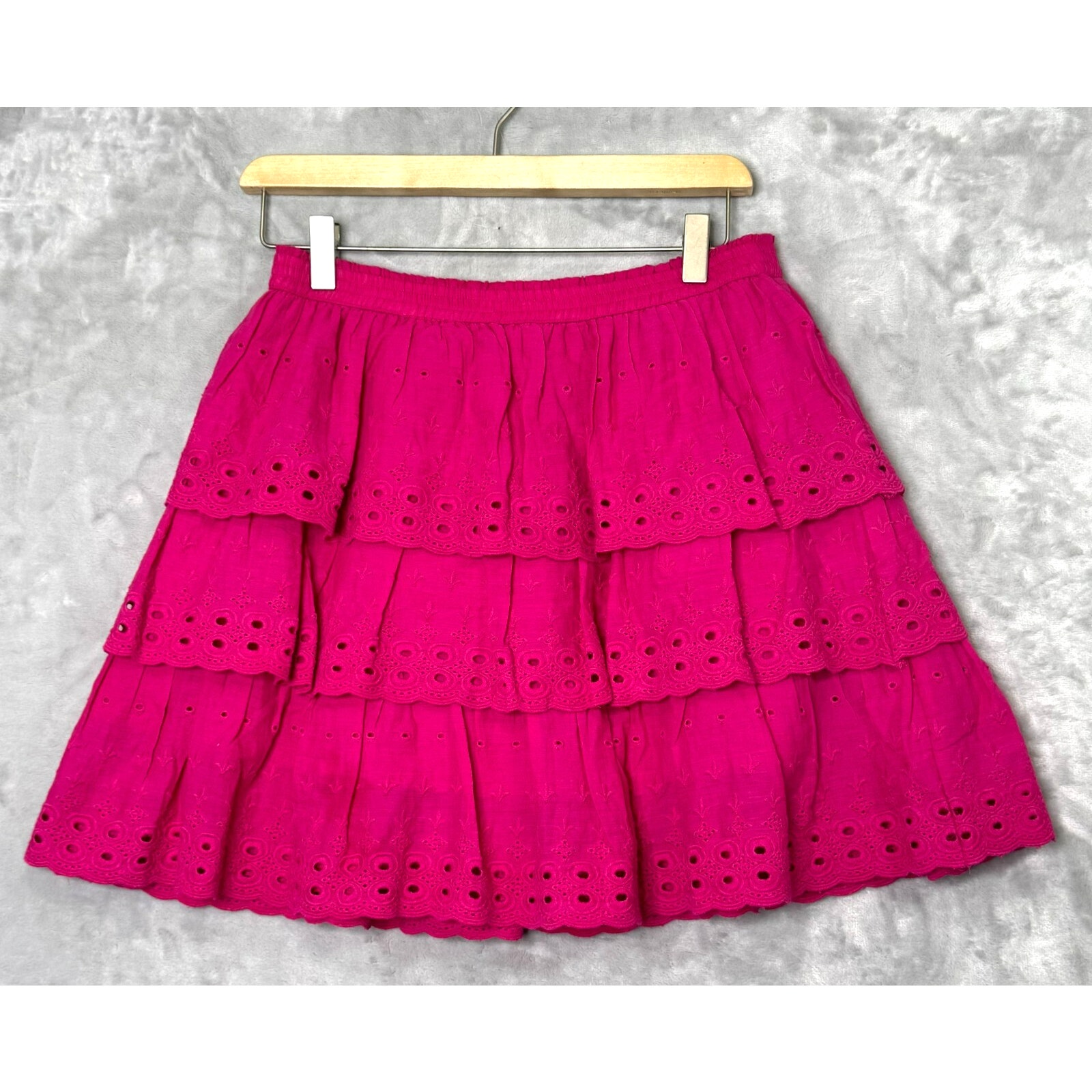 House of Harlow 1960 Skirt Womens M Pink Eyelet Lace Tiered Pull On Cotton Mini