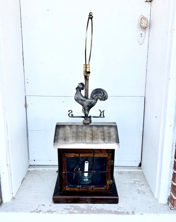 Wooden Farmhouse Vintage Lamp w/ Steel Rooster Weathervane & Glass Door Window