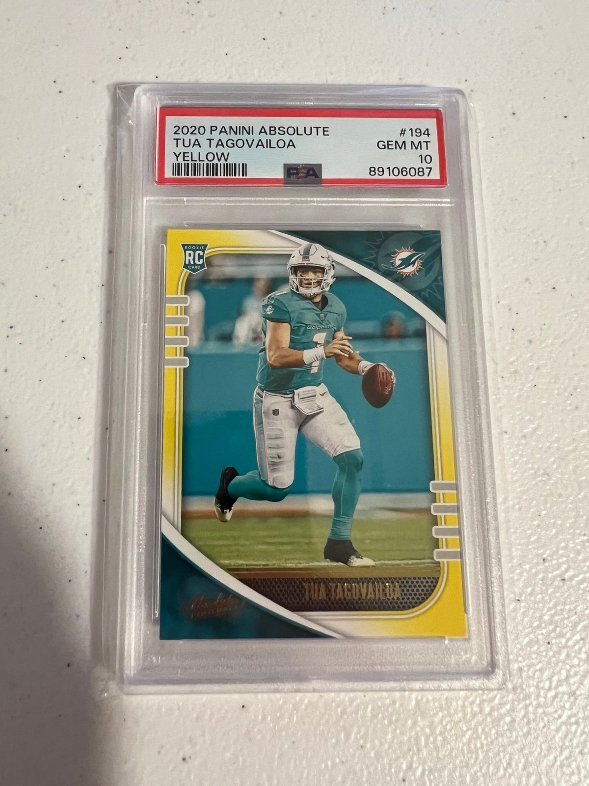 2020 Panini Absolute Tua Tagovailoa Rookie Card Yellow PSA 10 Gem Mint #194