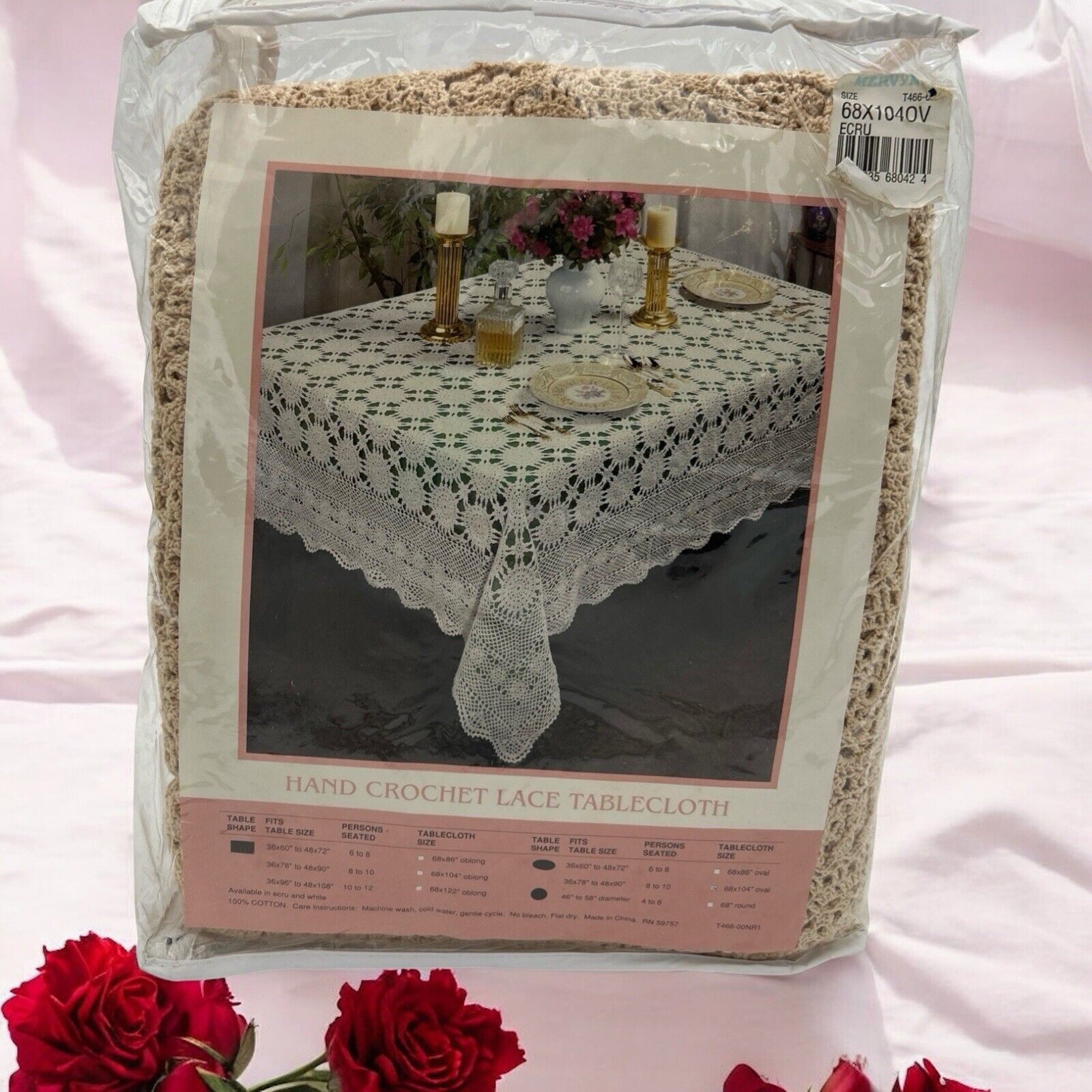 NOS Hand Crochet Ecru Tablecloth vintage 68 Round Lace crochet