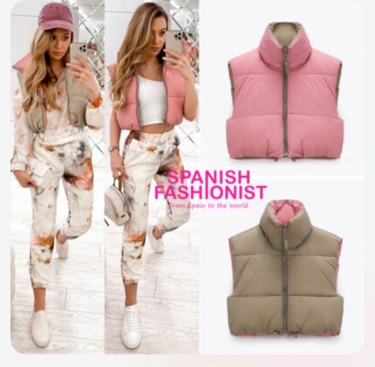 ZARA WOMAN REVERSIBLE PUFFER GILET VEST CROP TAN ROSE BUBBLE GUM PUFFER S/M NEW