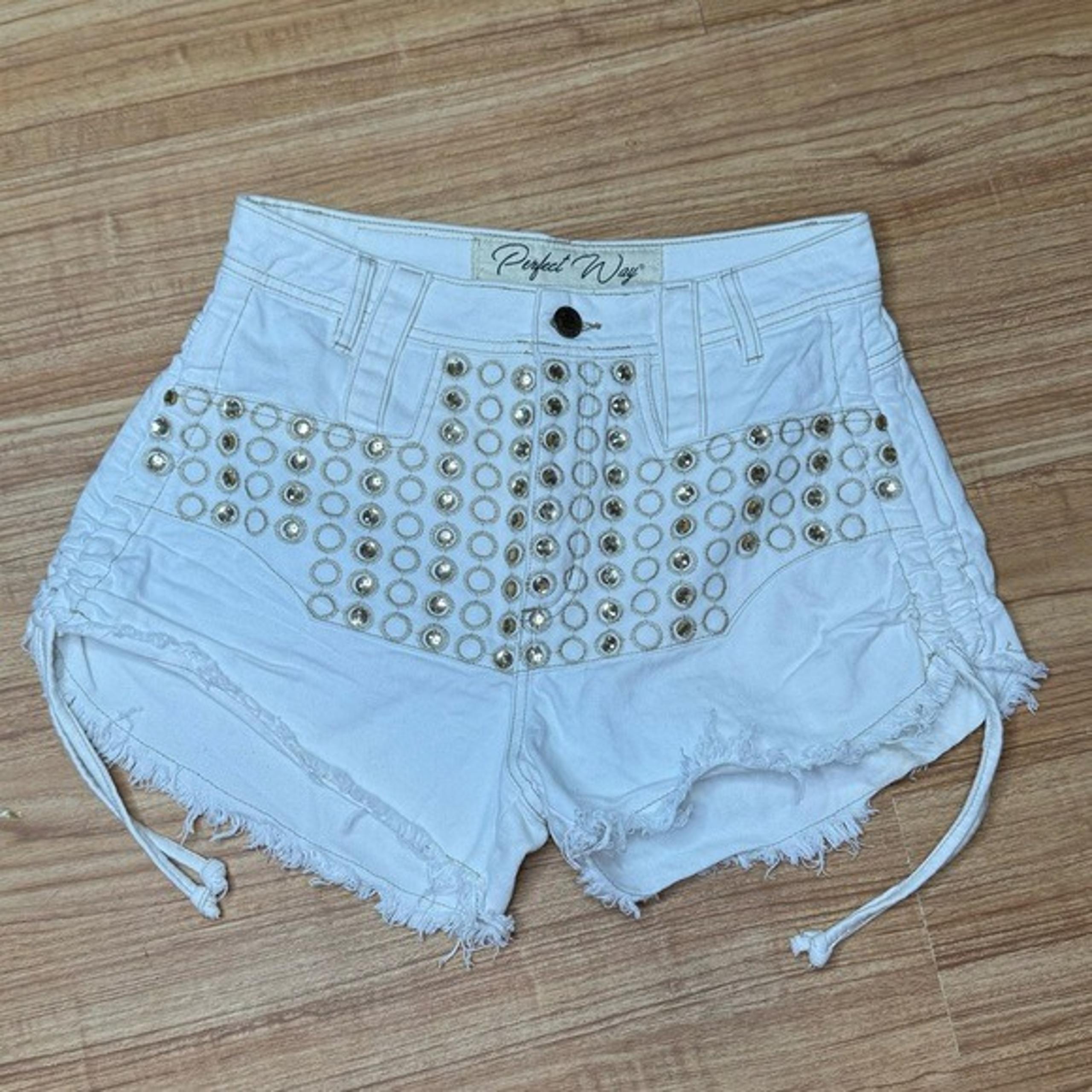 White Studded High-Waisted Denim Shorts by Perfect Way Rock Glam Style