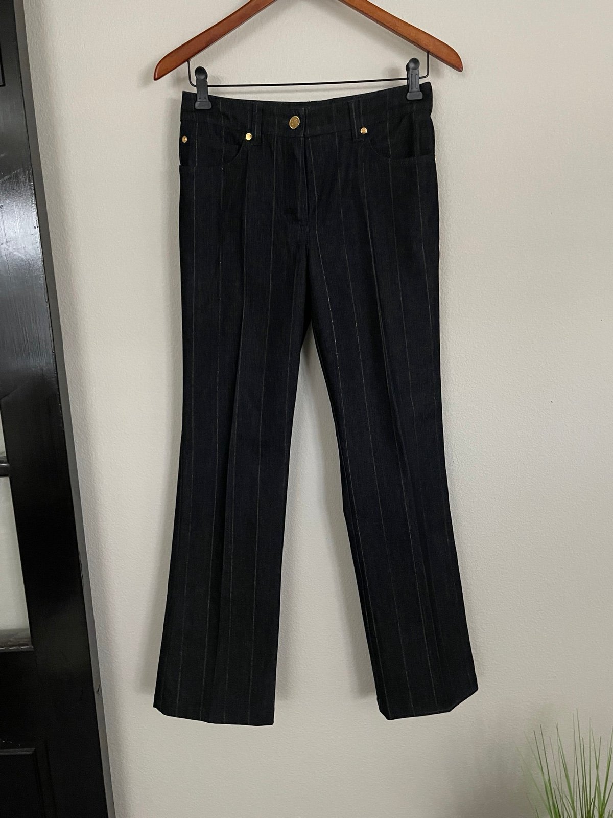 Escada Pant Jean Dark Wash Metallic Thread Pinstripe, Sz 36/S