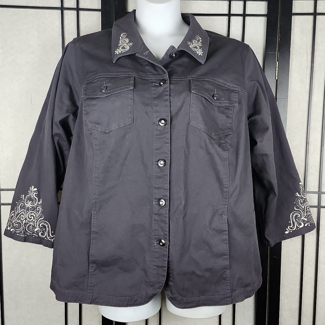 Quacker Factory Denim Jacket Womens Rhinestone Slate Cowgirl Style Pockets 2X EC