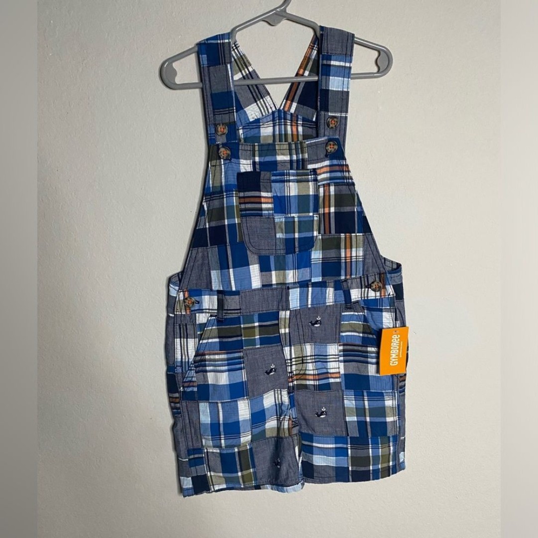 NWT Gymboree Toddler Boy Blue Plaid Patchwork Shortalls Shorts Overalls 4T