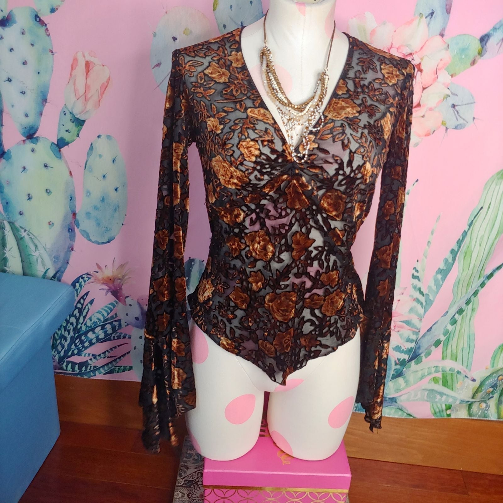 Cache Black Velvet Burn Out Long Sleeve Witchy Vintage Y2K 90s blouse small