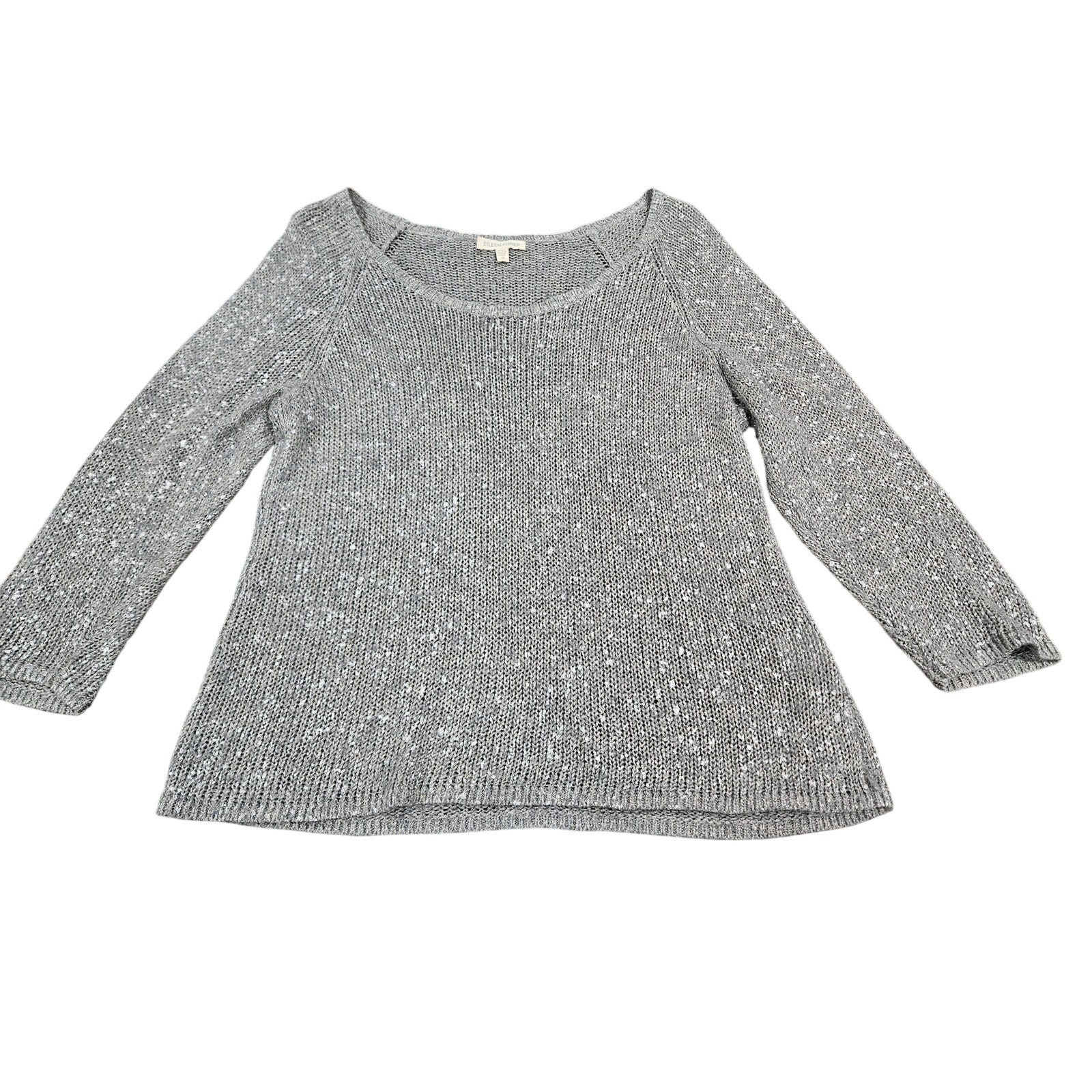 EILEEN FISHER Sweater M Linen Blend Open Knit 3/4 Sleeve Pullover Gray Silver