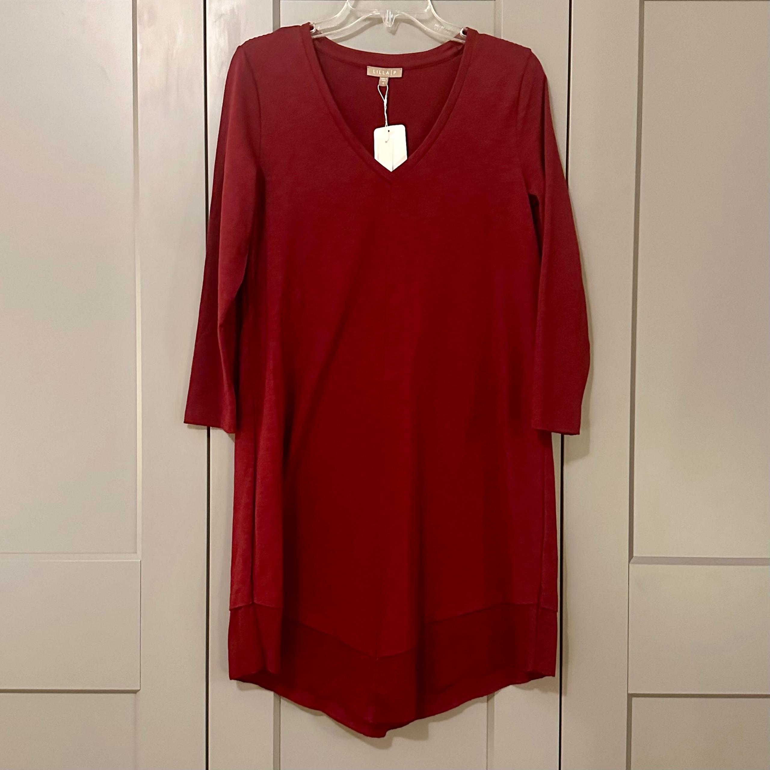 Lilla P Long Sleeved V-Neck Dress Wine Cotton Modal Stretch V-Hem Small New